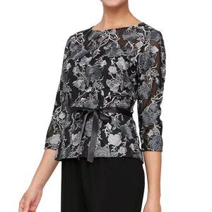 ALEX EVENINGS Women's Printed 3/4 Sleeve Embroidered Tie-Waist Top